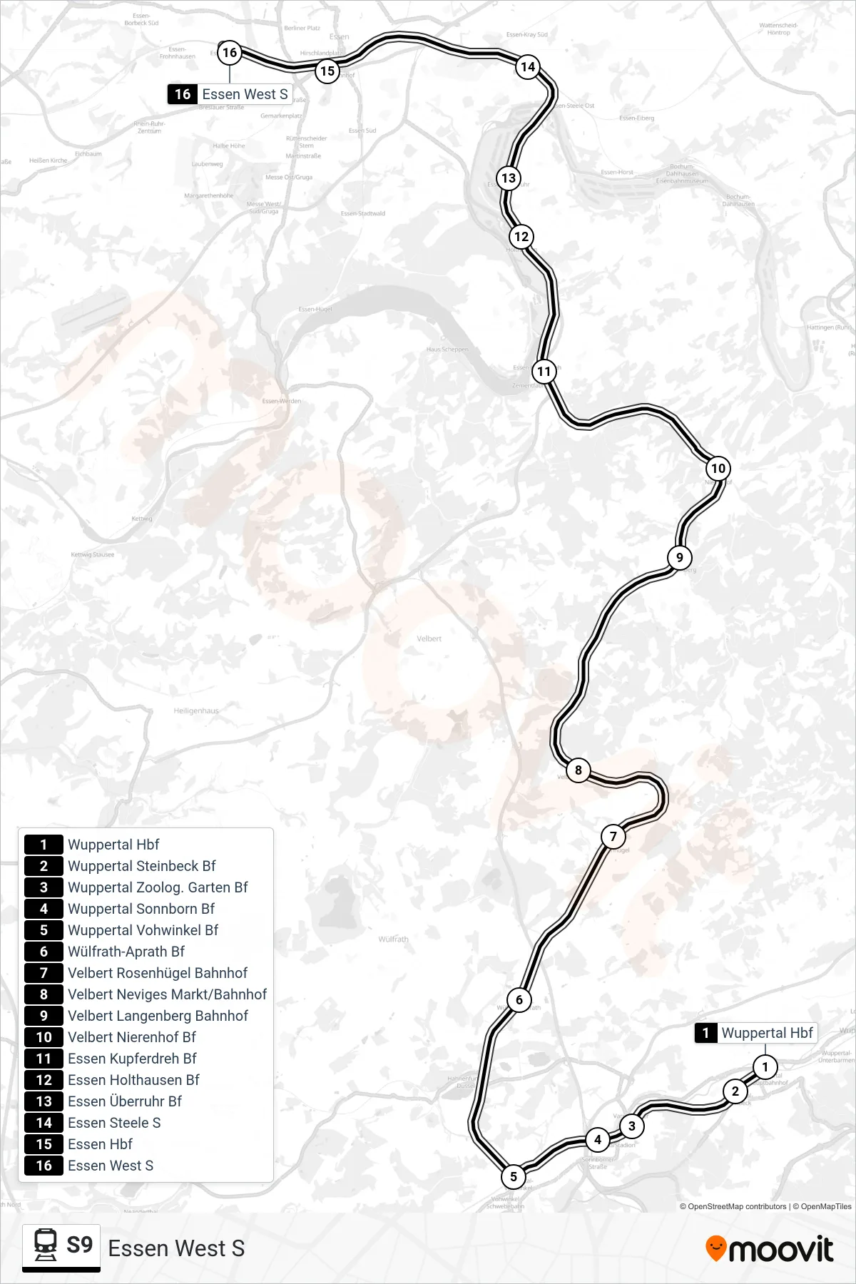 Linie S9 (Bahn) Richtung Essen West S: Route und Haltestellen auf der Karte
