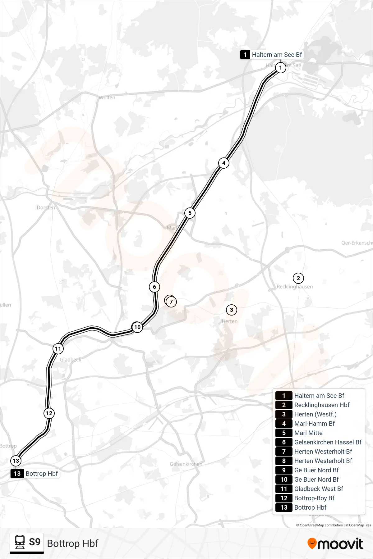 Linie S9 (Bahn) Richtung Bottrop Hbf: Route und Haltestellen auf der Karte
