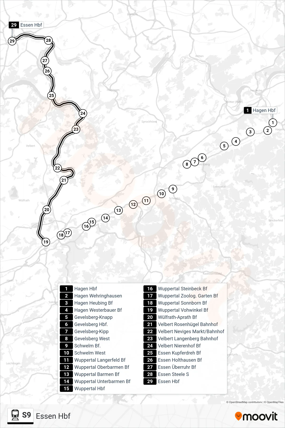 Linie S9 (Bahn) Richtung Essen Hbf: Route und Haltestellen auf der Karte