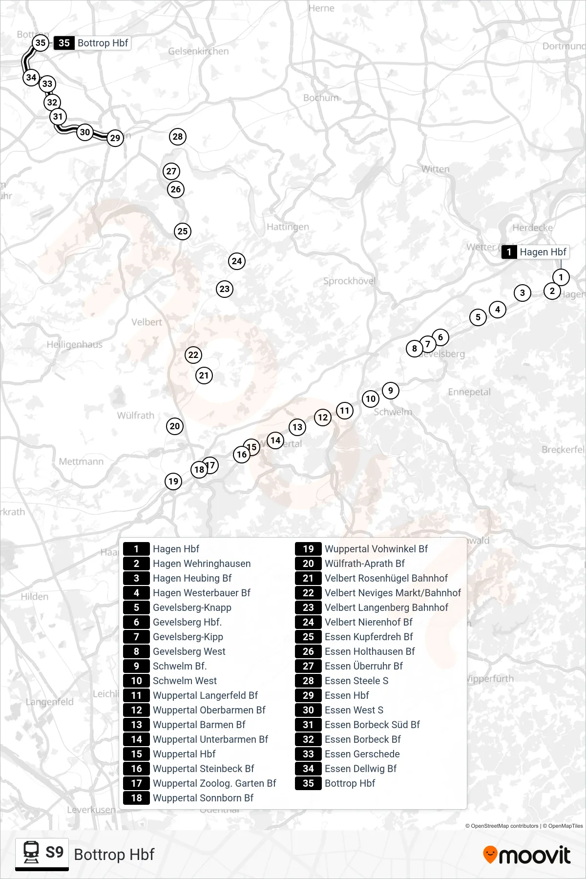 Linie S9 (Bahn) Richtung Bottrop Hbf: Route und Haltestellen auf der Karte
