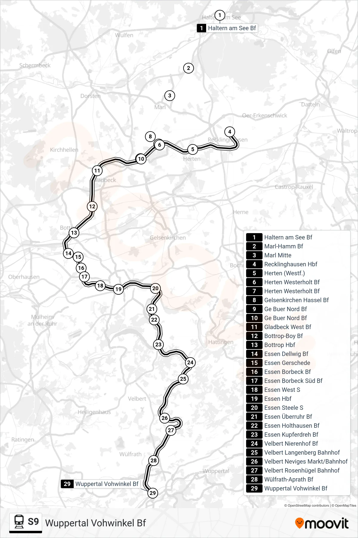 S9 rail Line (Wuppertal Vohwinkel Bf) route and stops on a map