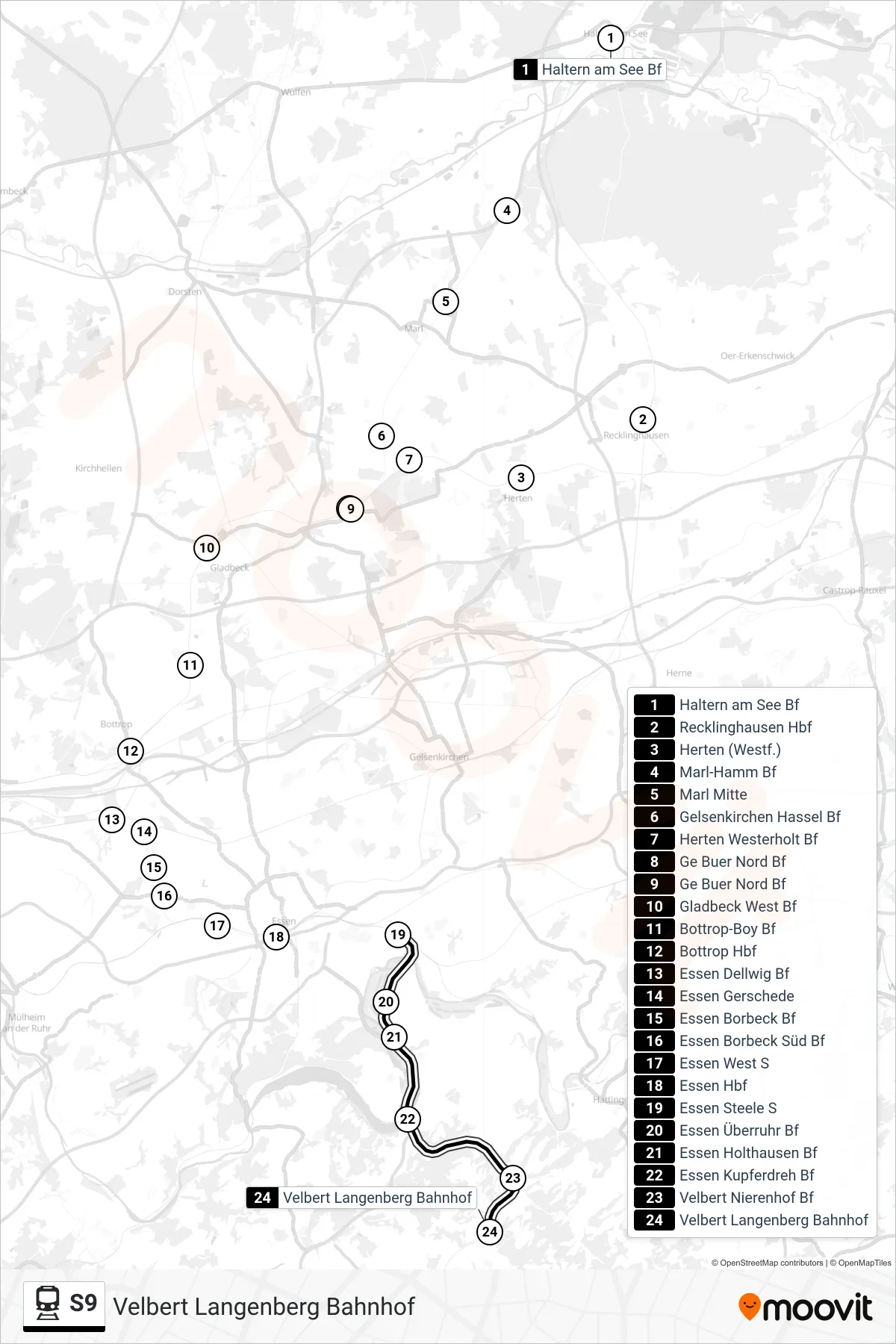S9 train Line (Velbert Langenberg Bahnhof) route and stops on a map