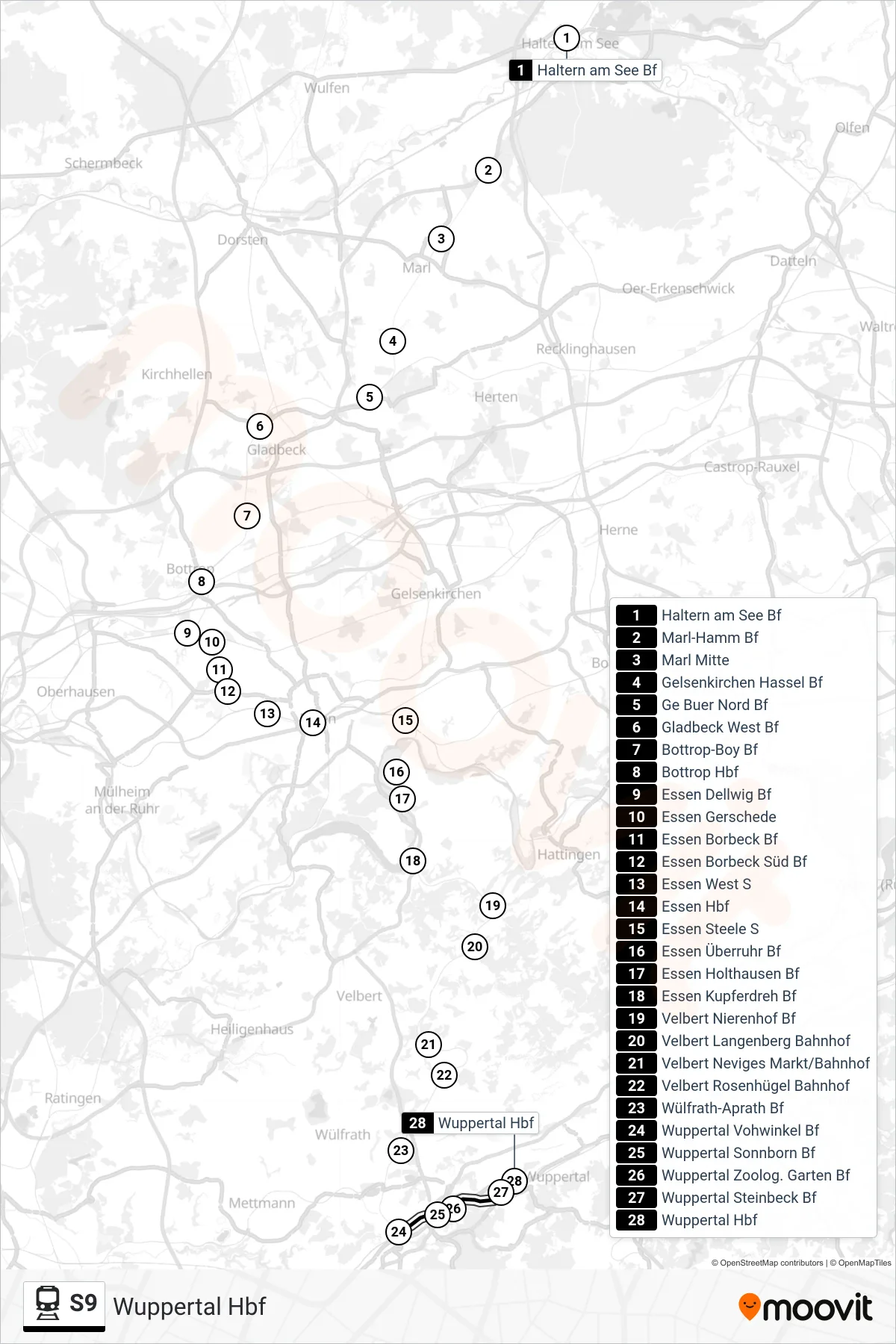 S9 rail Line (Wuppertal Hbf) route and stops on a map