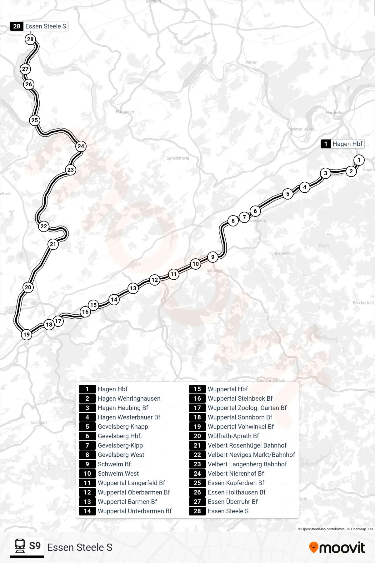 Linie S9 (Bahn) Richtung Essen Steele S: Route und Haltestellen auf der Karte