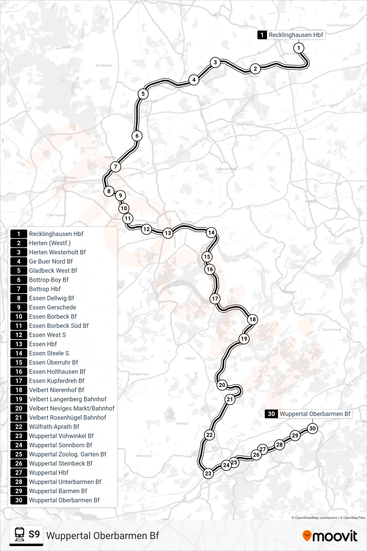 S9 train Line (Wuppertal Oberbarmen Bf) route and stops on a map