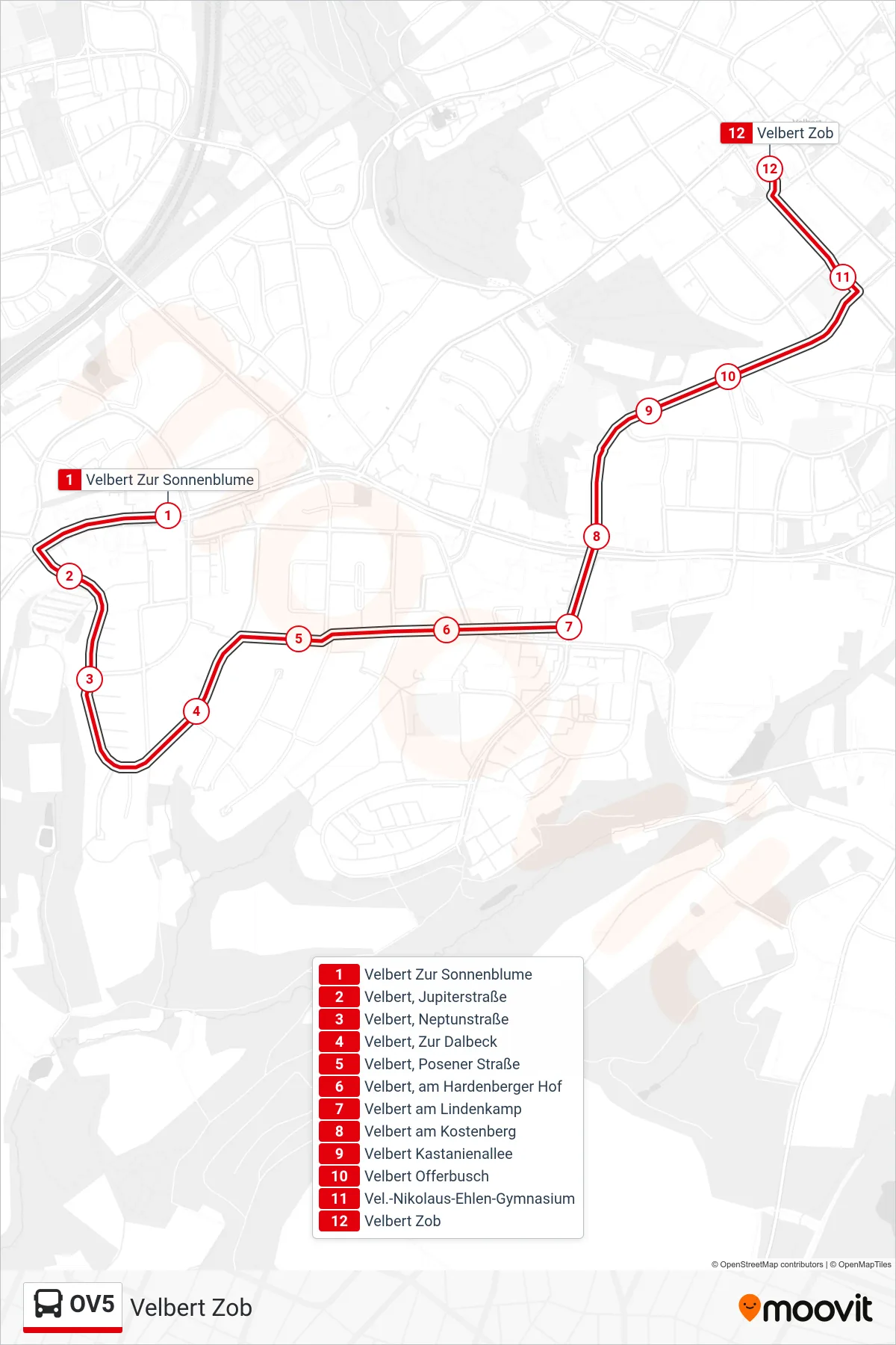Linie OV5 (Bus) Richtung Velbert Zob: Route und Haltestellen auf der Karte