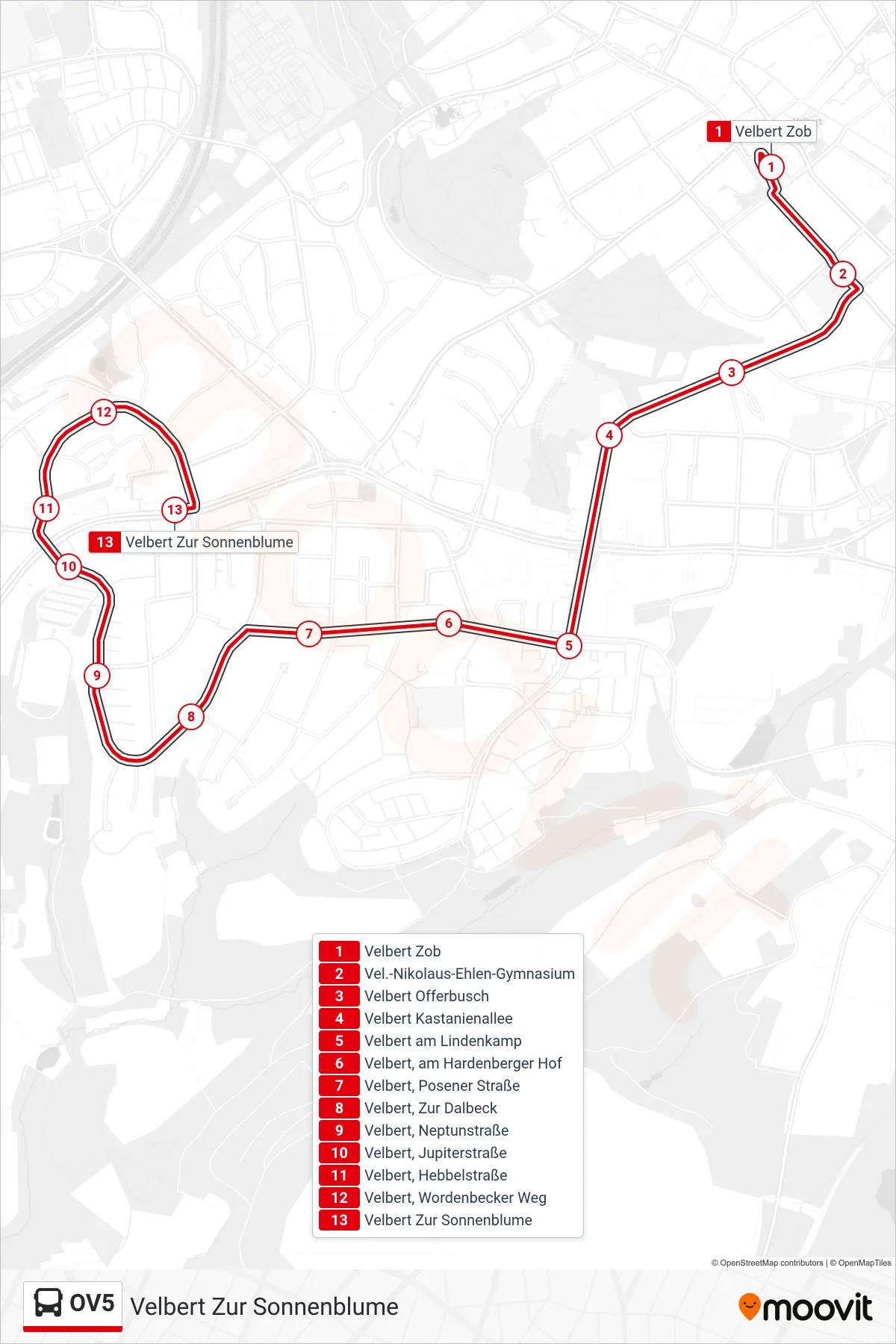 OV5 bus Line (Velbert Zur Sonnenblume) route and stops on a map