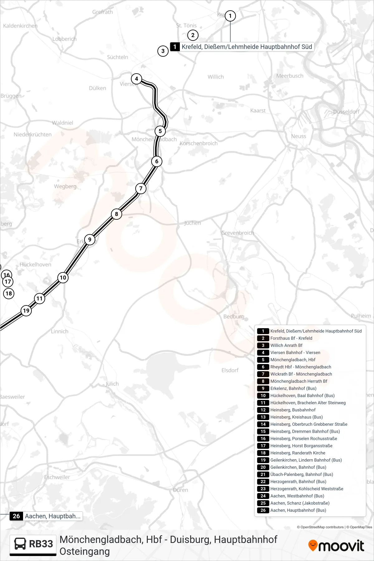 RB33 bus Line (Hauptbahnhof, Aachen) route and stops on a map