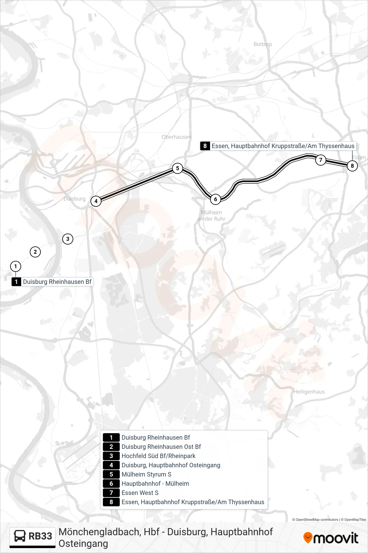 RB33 bus Line (Essen Hbf Kruppstraße/Am Thyssenhaus) route and stops on a map