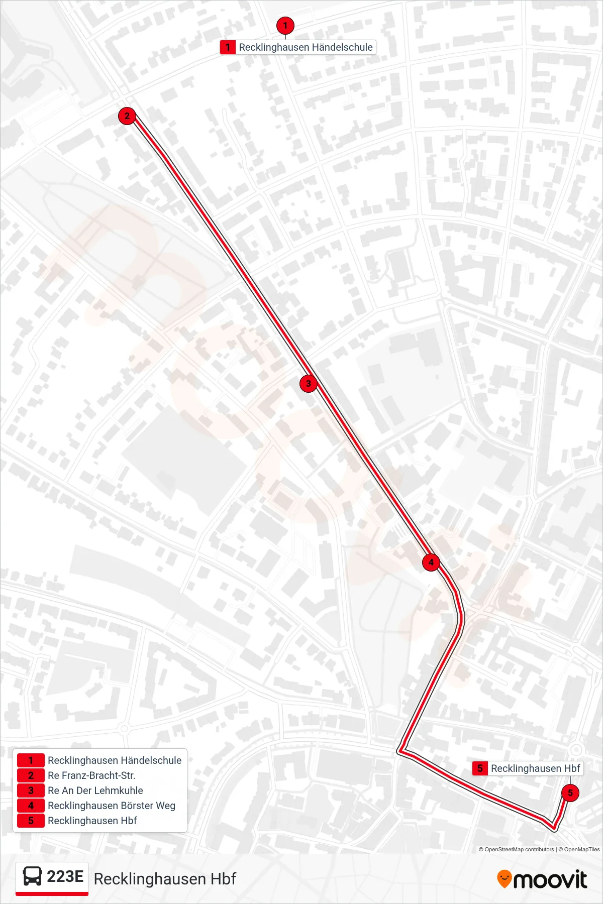 223E bus Line (Recklinghausen Hbf) route and stops on a map