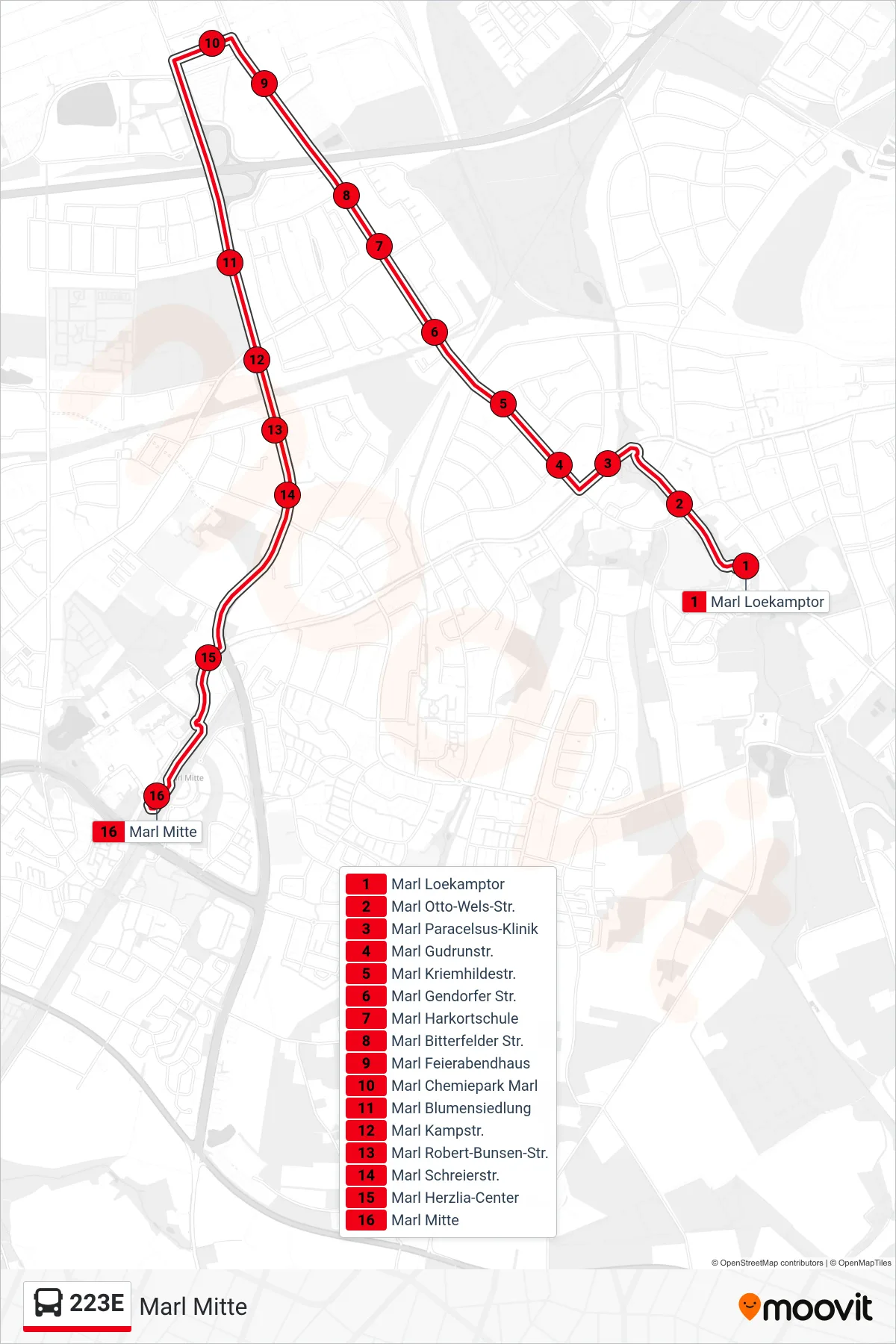 223E bus Line (Marl Mitte) route and stops on a map