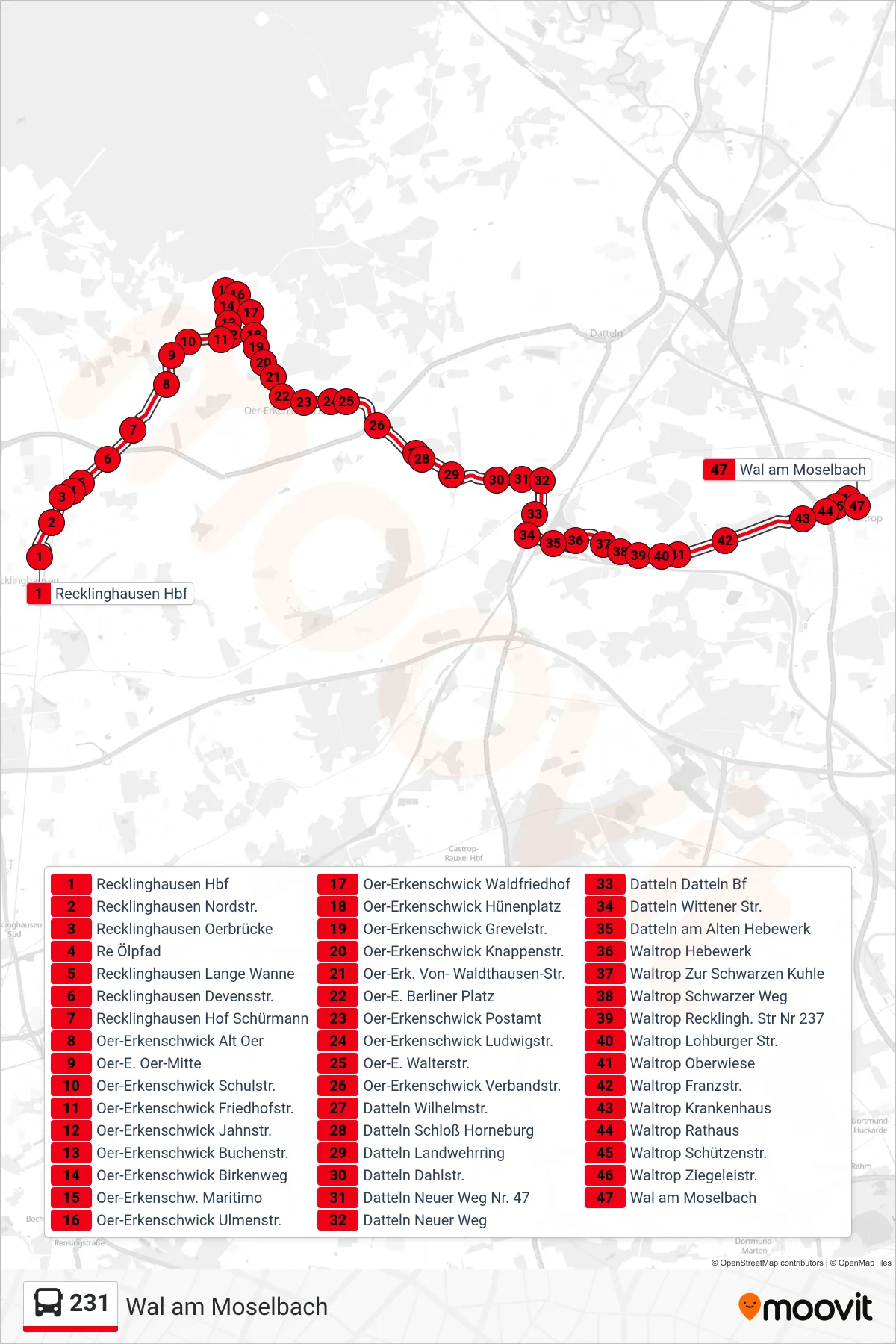 Linie 231 (Bus) Richtung Wal am Moselbach: Route und Haltestellen auf der Karte