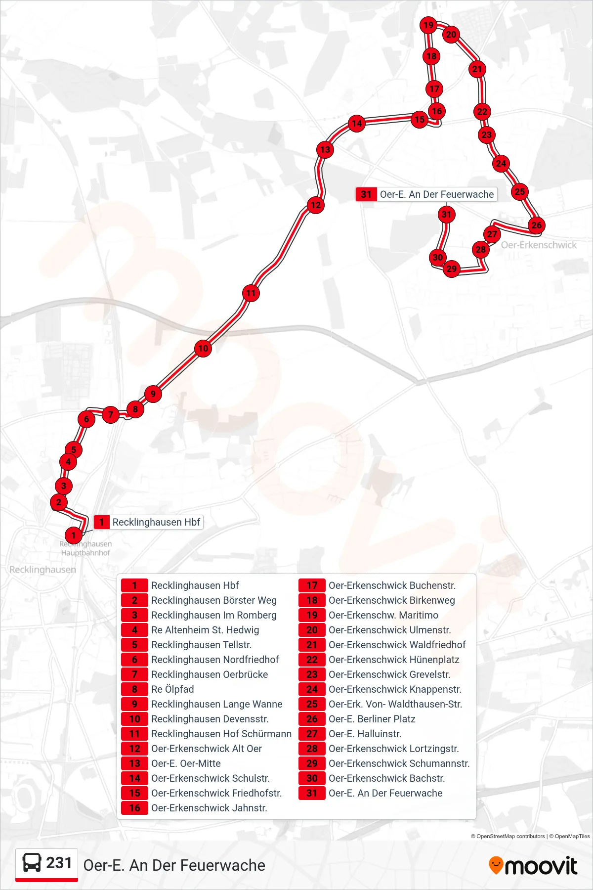 231 bus Line (Oer-E. An Der Feuerwache) route and stops on a map