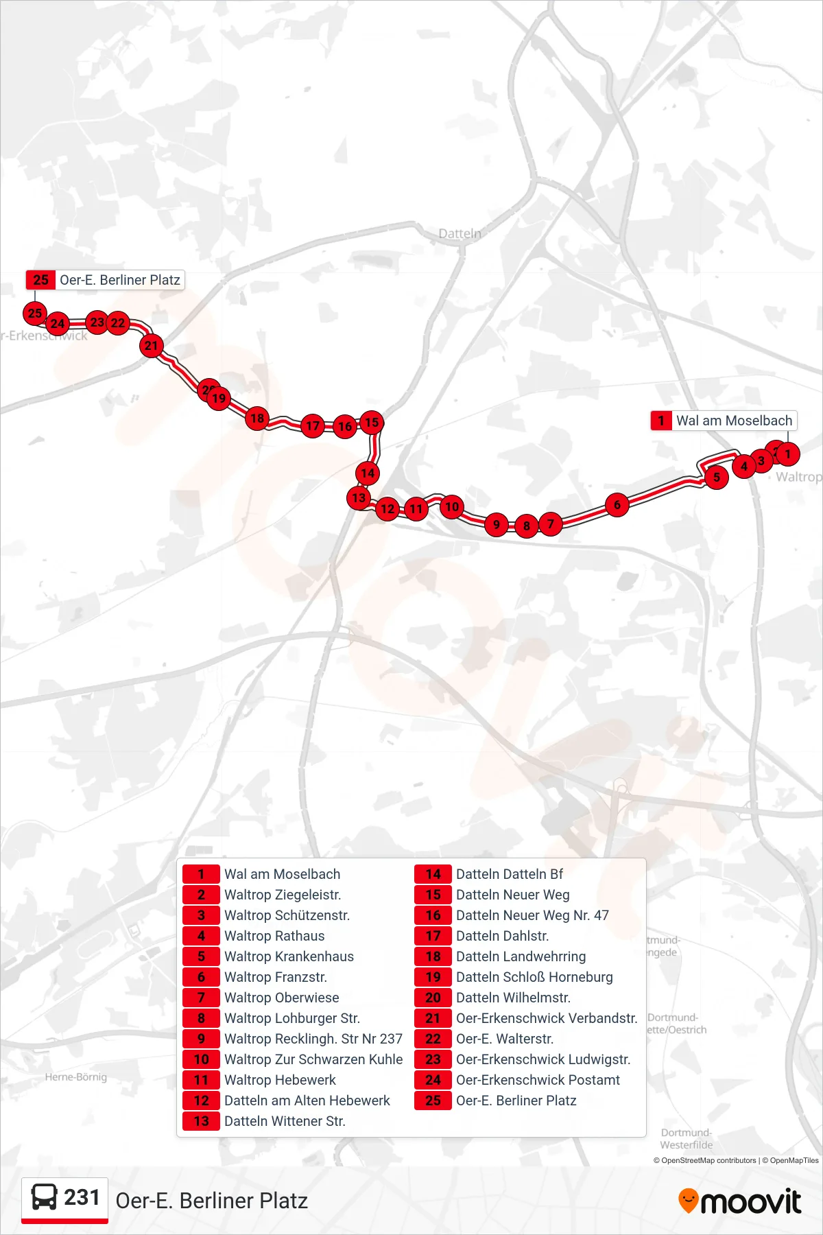 231 bus Line (Oer-E. Berliner Platz) route and stops on a map