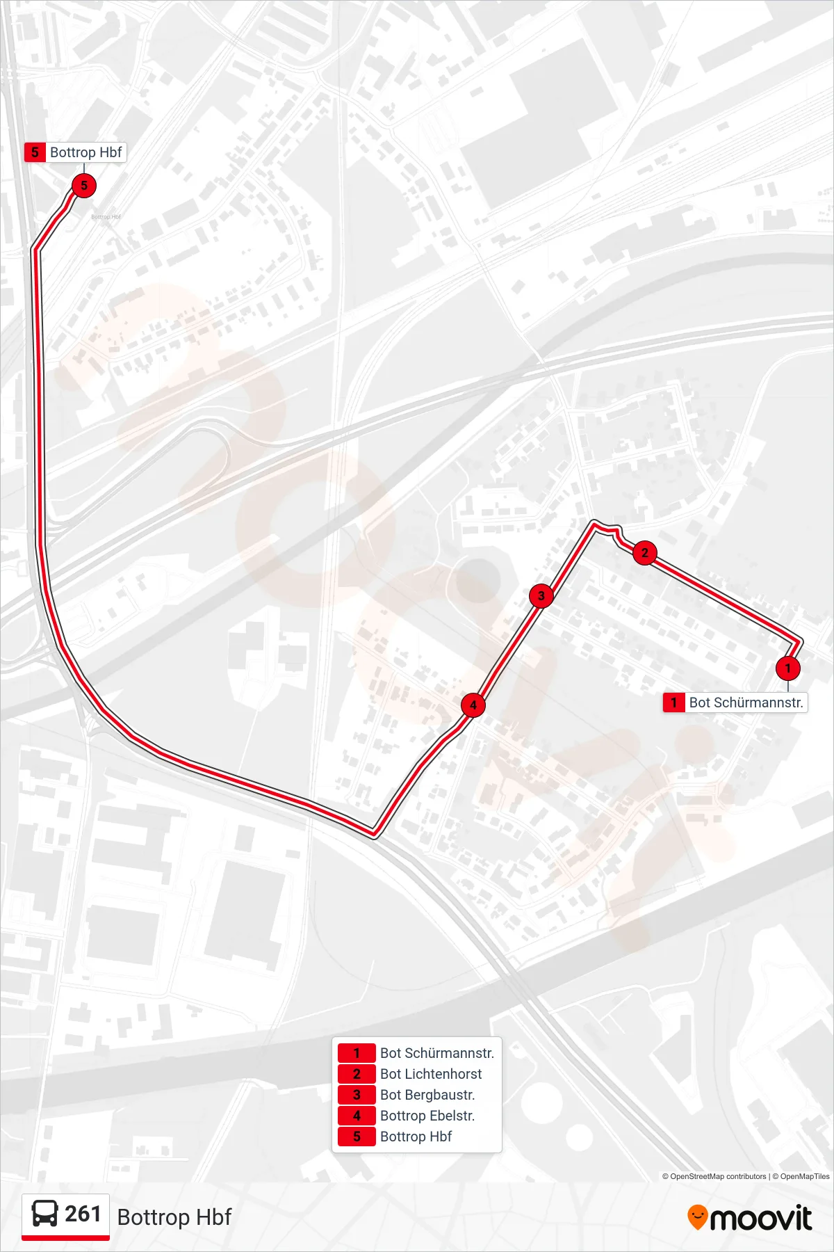 261 bus Line (Bottrop Hbf) route and stops on a map