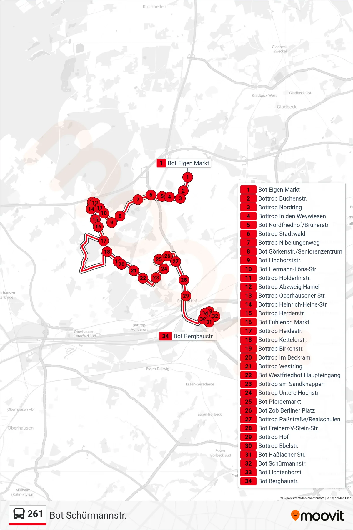 261 bus Line (Bot Schürmannstr.) route and stops on a map