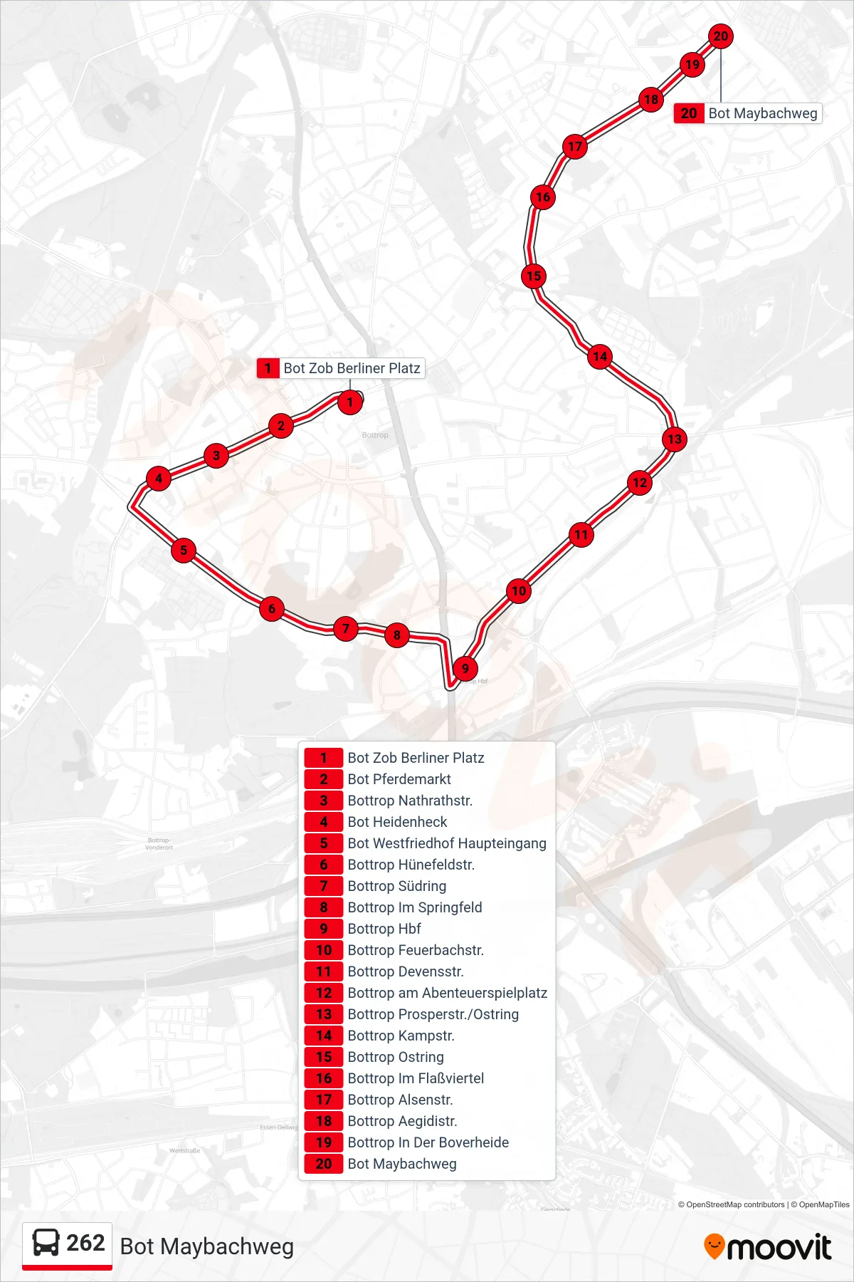 262 bus Line (Bot Maybachweg) route and stops on a map
