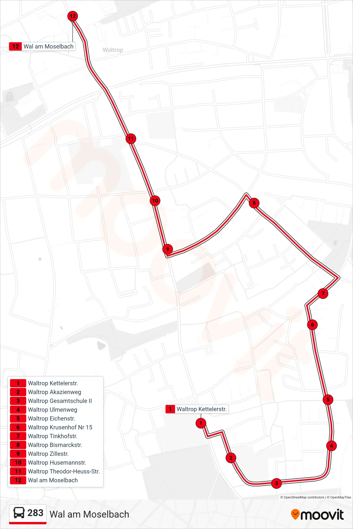 Linie 283 (Bus) Richtung Wal am Moselbach: Route und Haltestellen auf der Karte