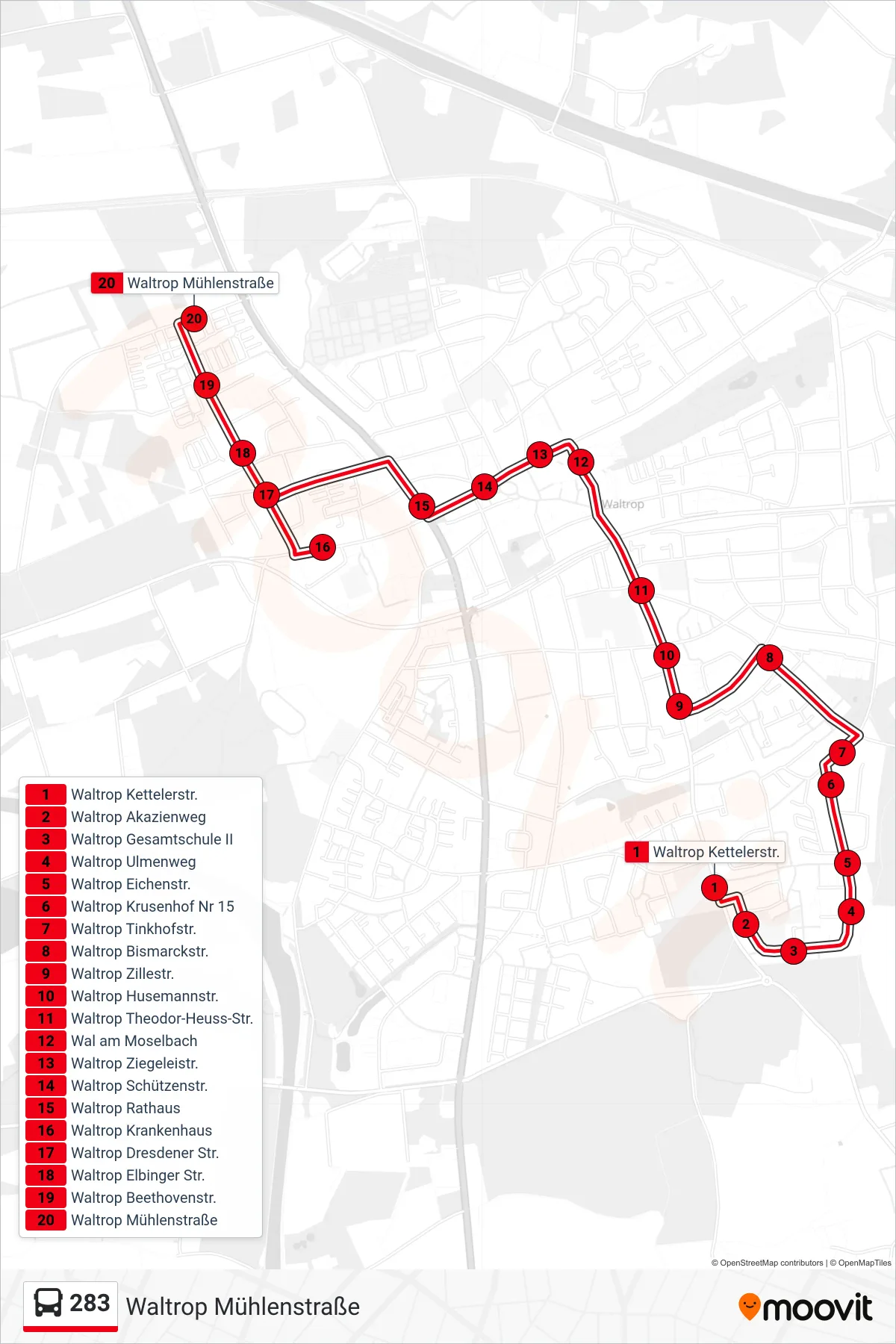 Linie 283 (Bus) Richtung Waltrop Mühlenstraße: Route und Haltestellen auf der Karte