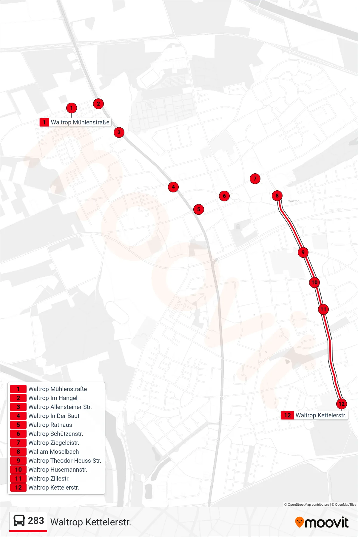 283 bus Line (Waltrop Kettelerstr.) route and stops on a map