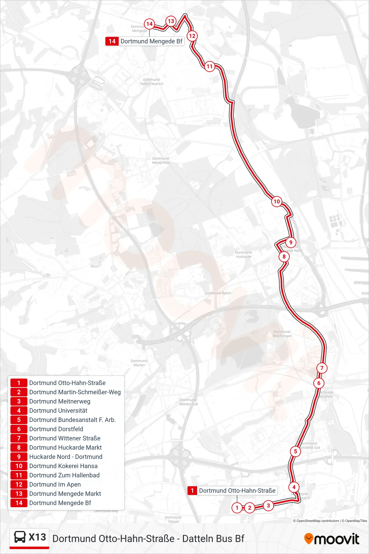 X13 bus Line (Dortmund Mengede Bf) route and stops on a map