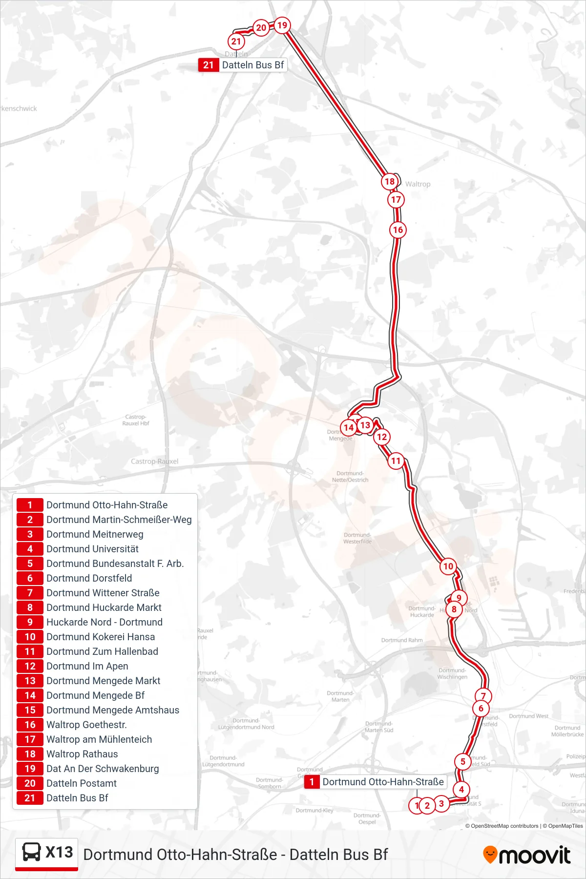 X13 bus Line (Datteln Bus Bf) route and stops on a map