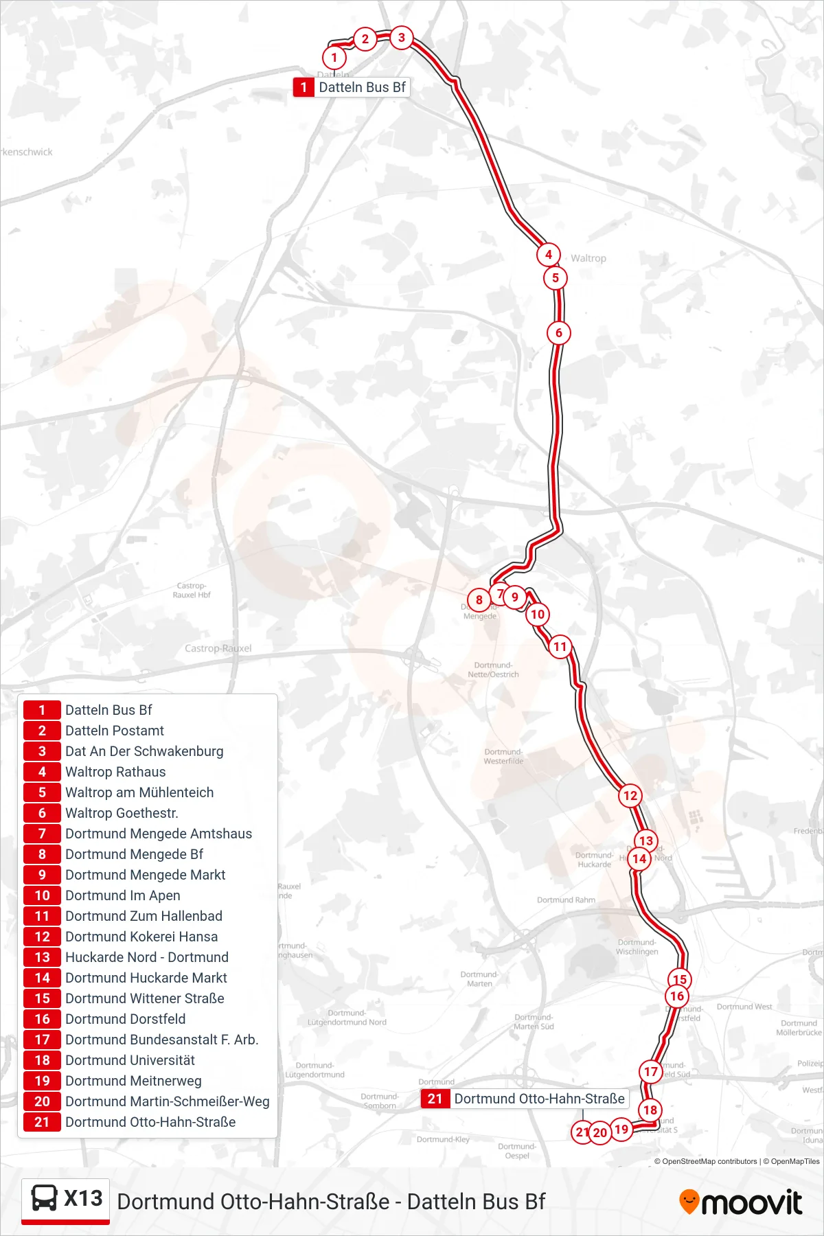 Linie X13 (Bus) Richtung Dortmund Otto-Hahn-Straße: Route und Haltestellen auf der Karte