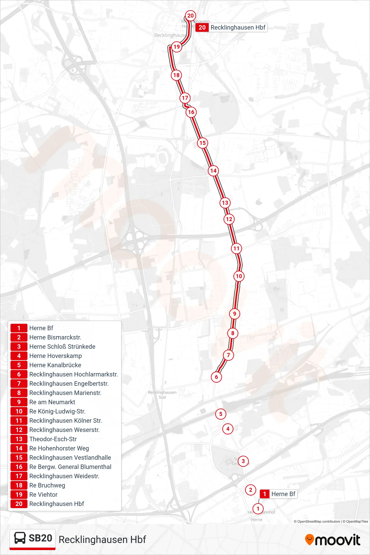 SB20 bus Line (Recklinghausen Hbf) route and stops on a map