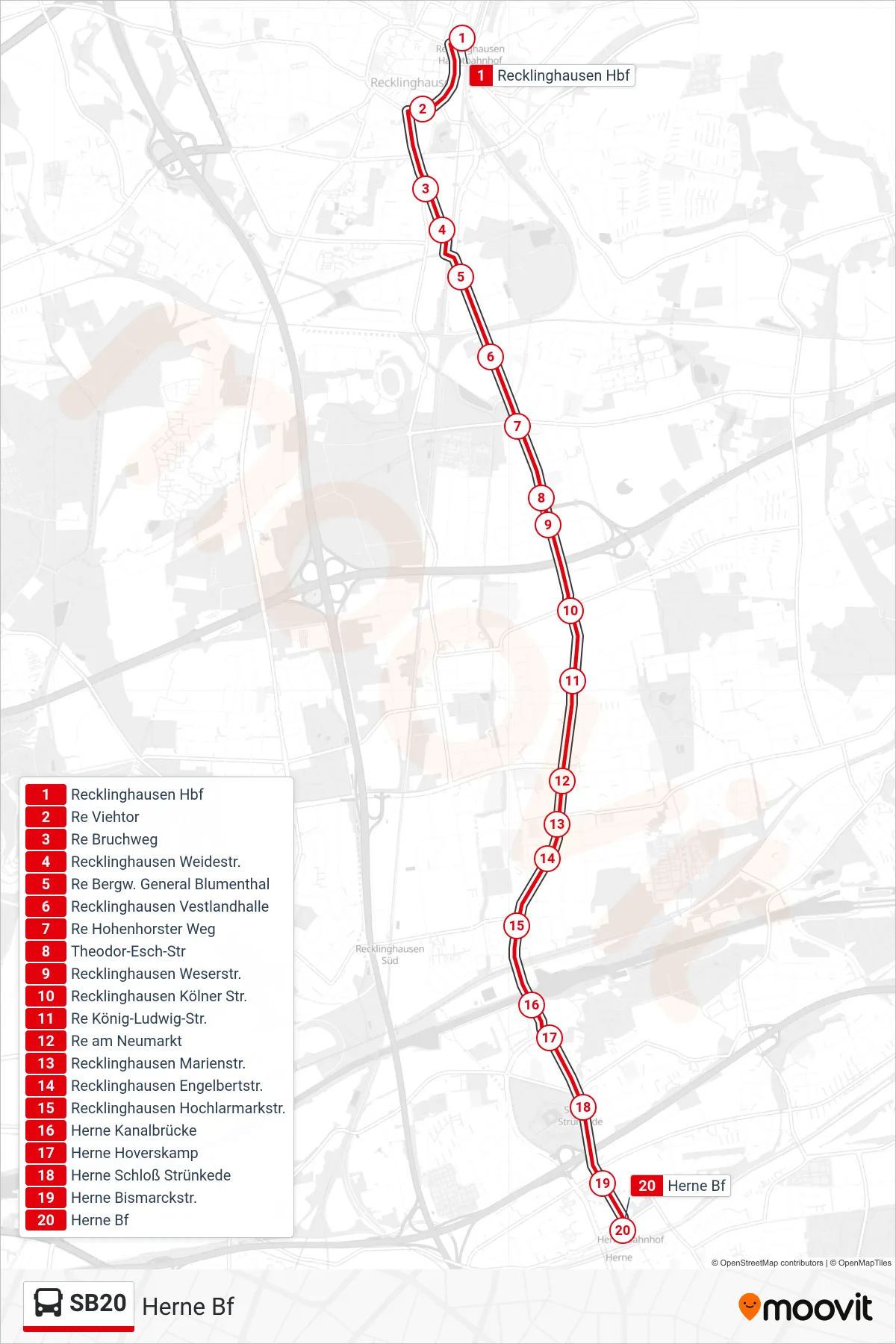 Linie SB20 (Bus) Richtung Herne Bf: Route und Haltestellen auf der Karte