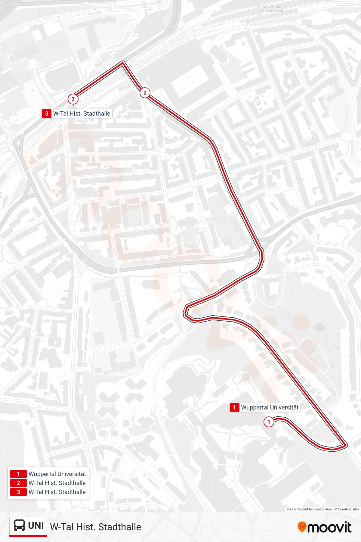 UNI bus Line (W-Tal Hist. Stadthalle) route and stops on a map