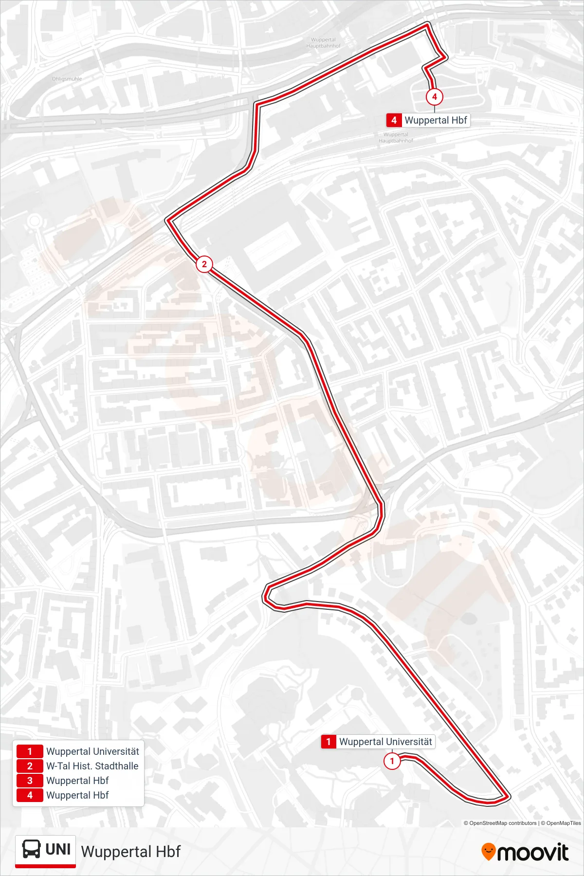 Linie UNI (Bus) Richtung Wuppertal Hbf: Route und Haltestellen auf der Karte