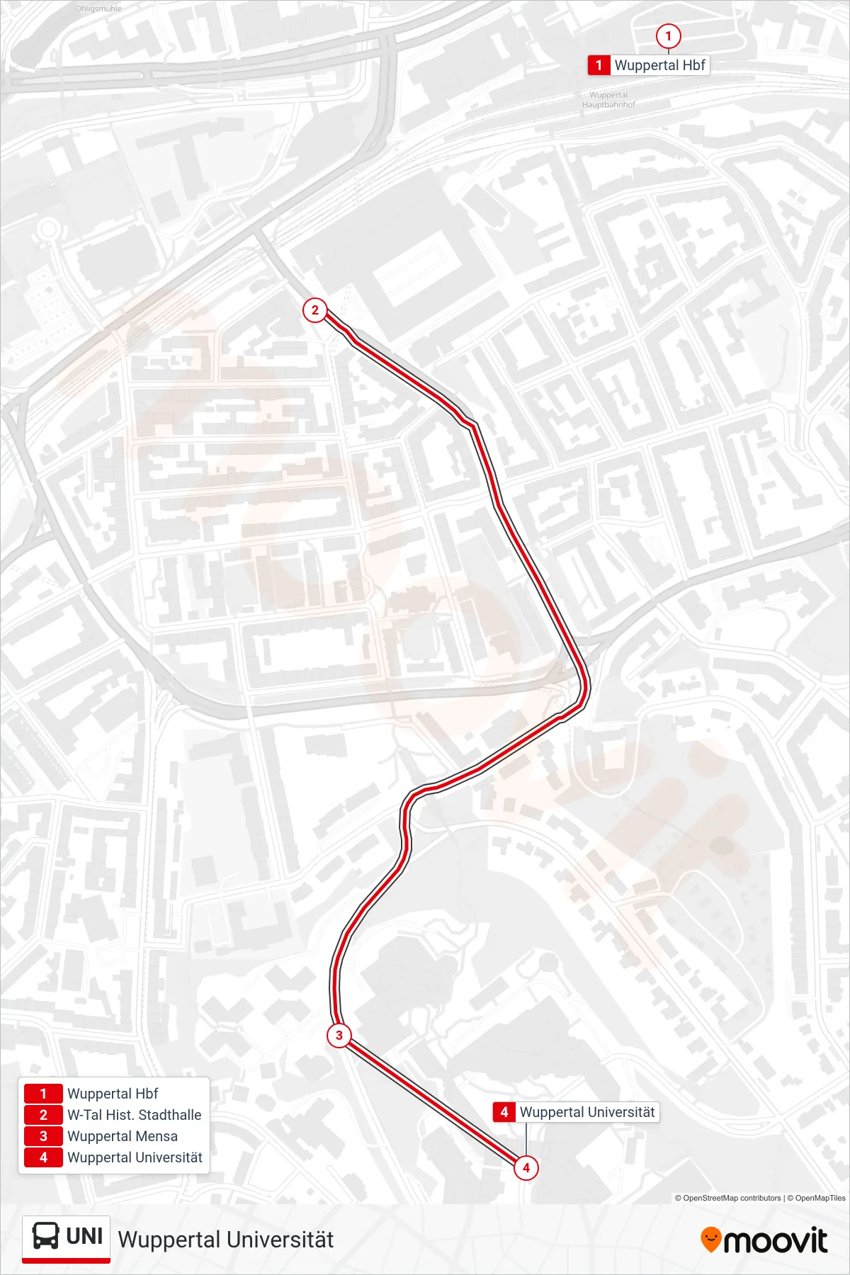 Linie UNI (Bus) Richtung Wuppertal Universität: Route und Haltestellen auf der Karte