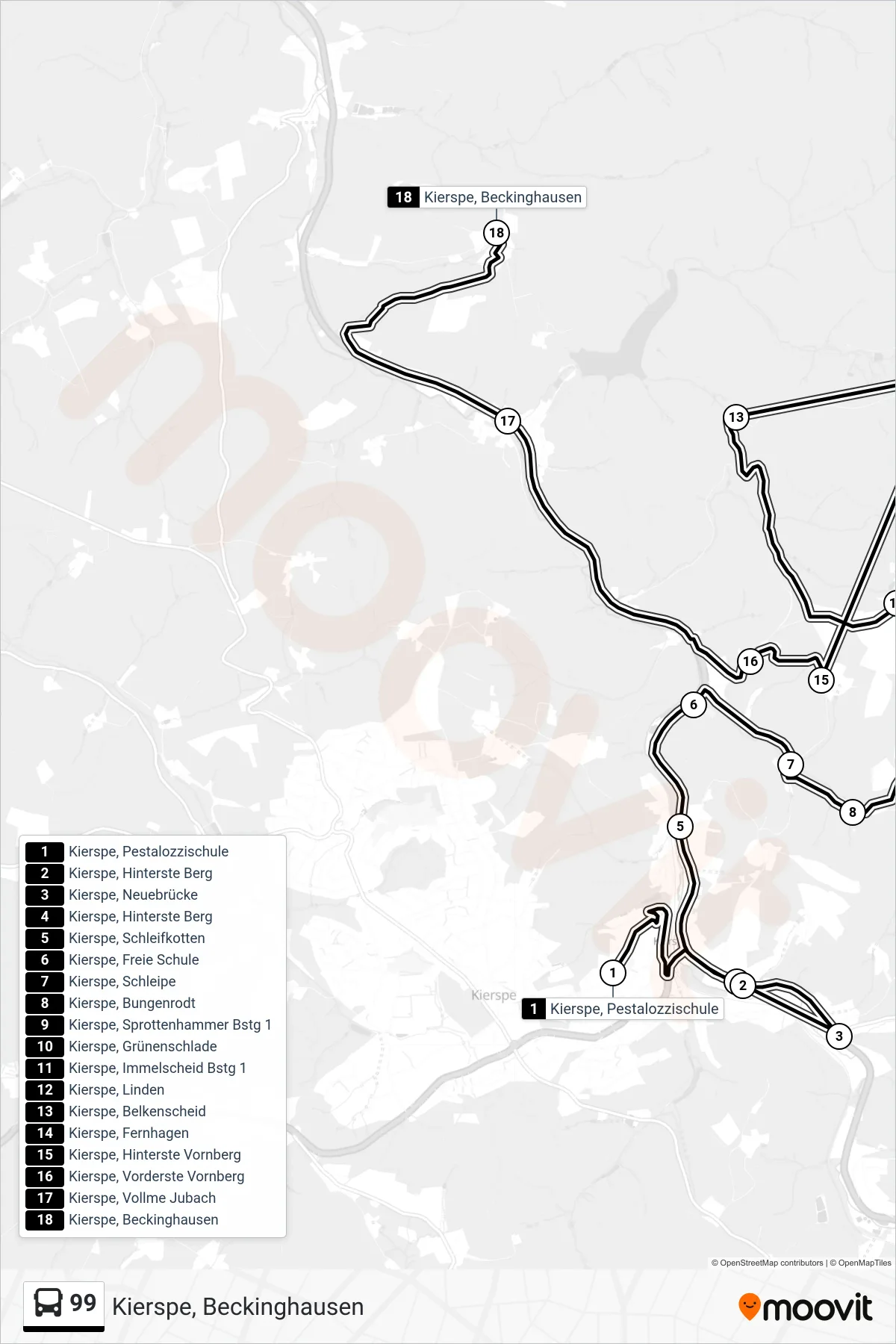 99 bus Line (Kierspe, Beckinghausen) route and stops on a map
