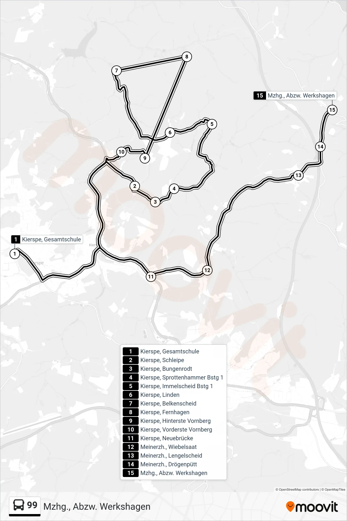 99 bus Line (Mzhg., Abzw. Werkshagen) route and stops on a map
