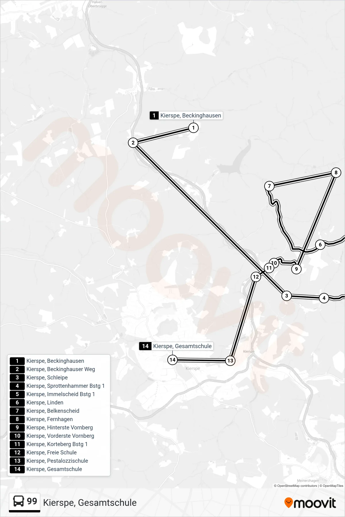 99 bus Line (Kierspe, Gesamtschule) route and stops on a map