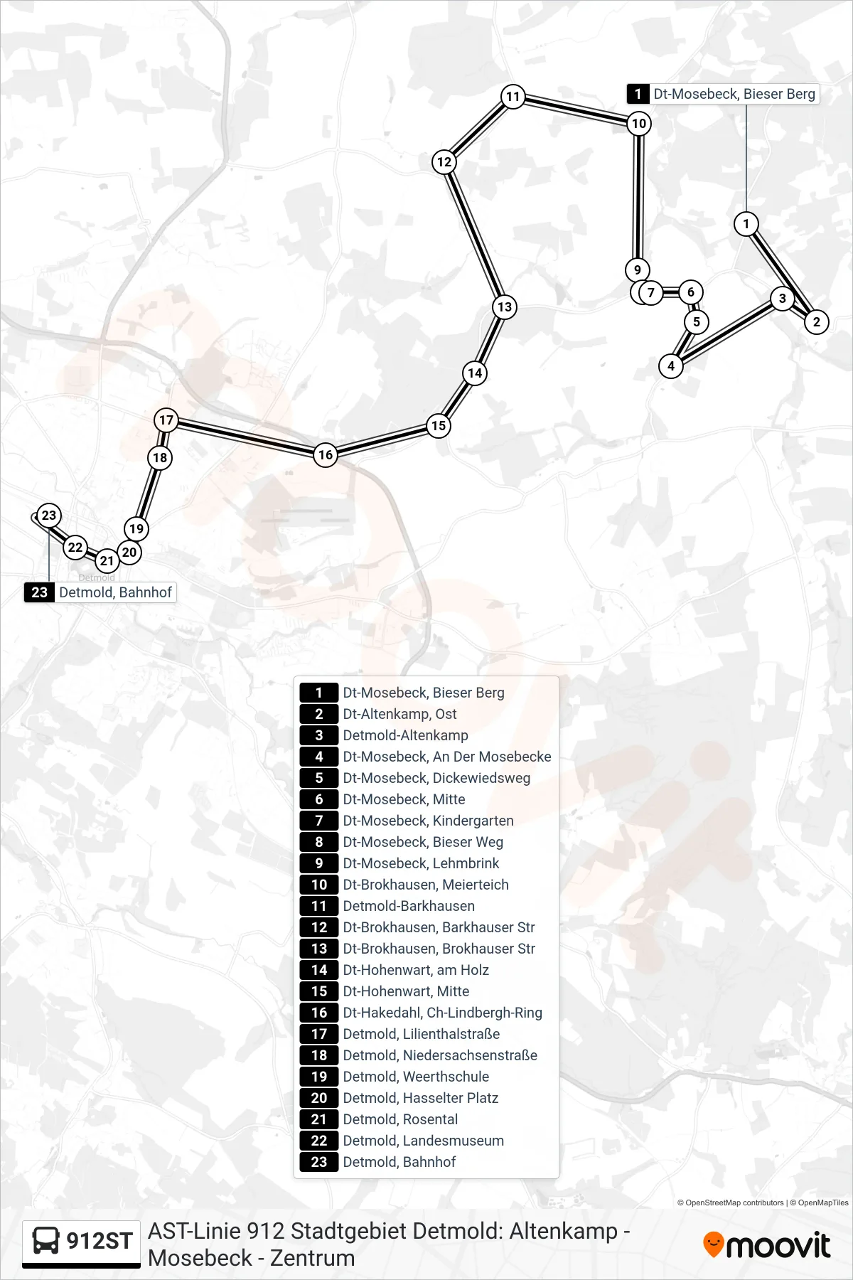 Linie 912ST (Bus) Richtung Detmold, Bahnhof: Route und Haltestellen auf der Karte