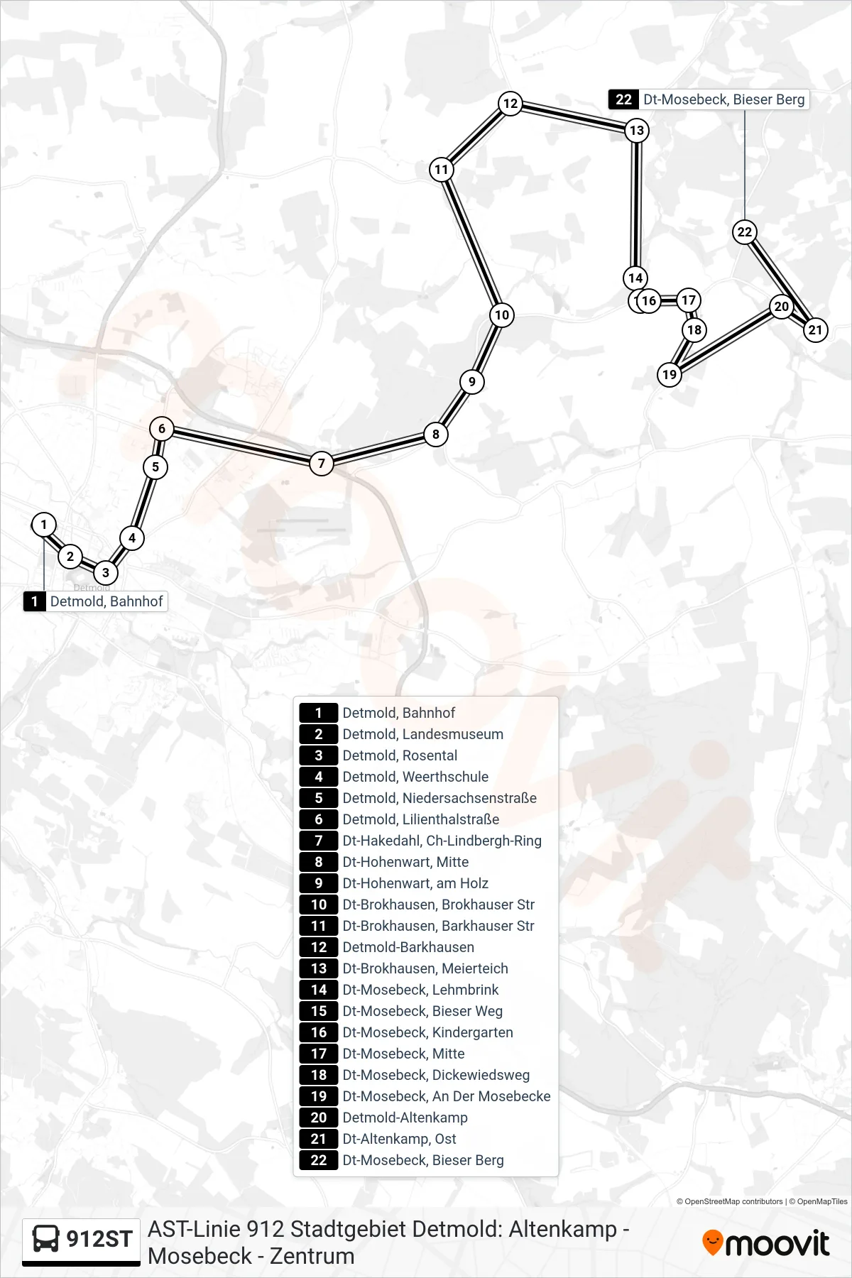 Linie 912ST (Bus) Richtung Dt-Mosebeck, Bieser Berg: Route und Haltestellen auf der Karte