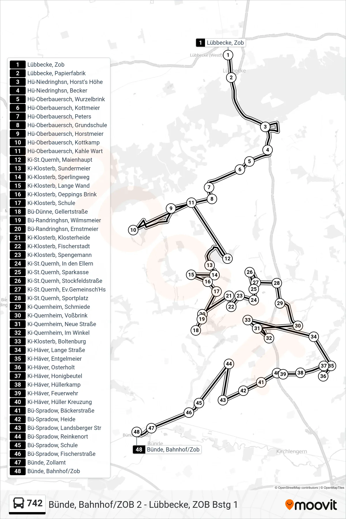 742 bus Line (Taxibus Lübbecke - Bünde) route and stops on a map