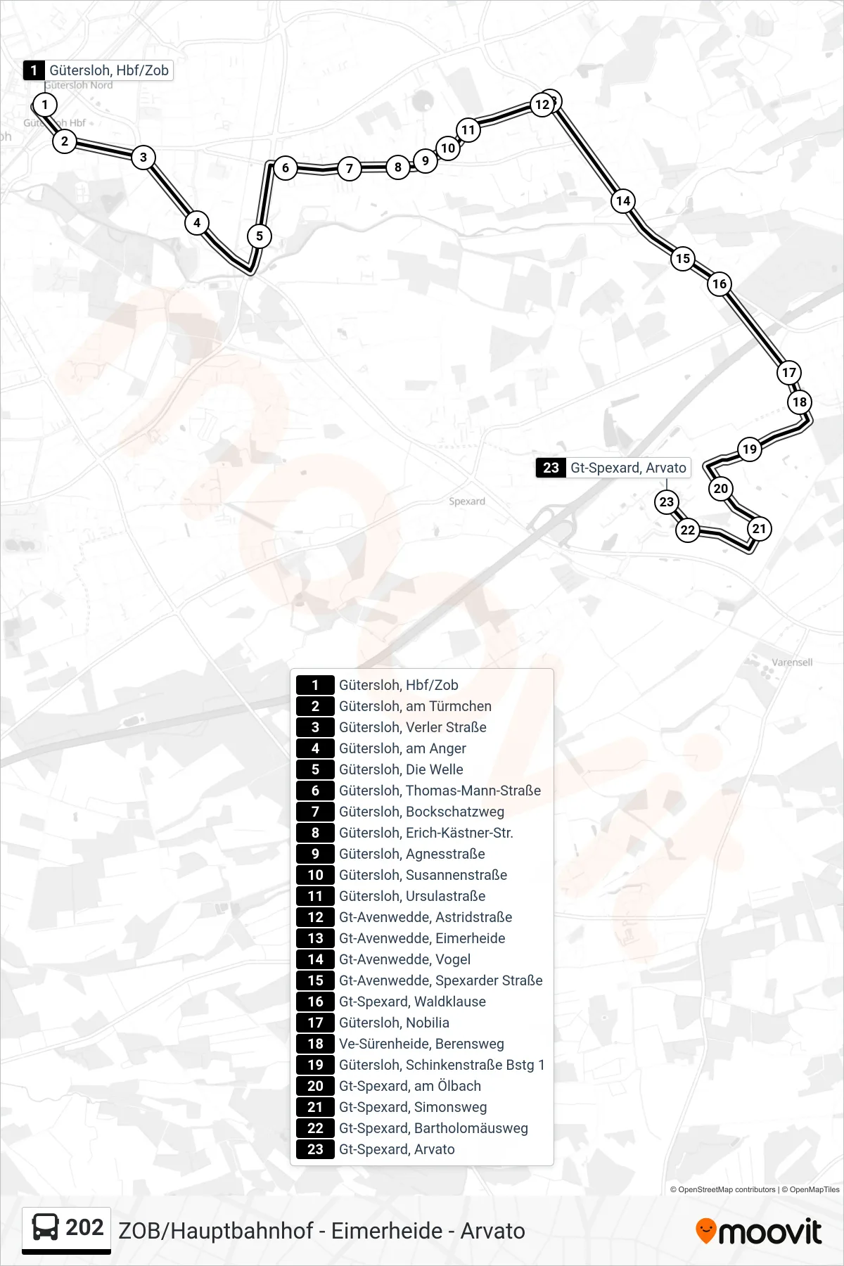 202 bus Line (Gt-Spexard, Arvato) route and stops on a map