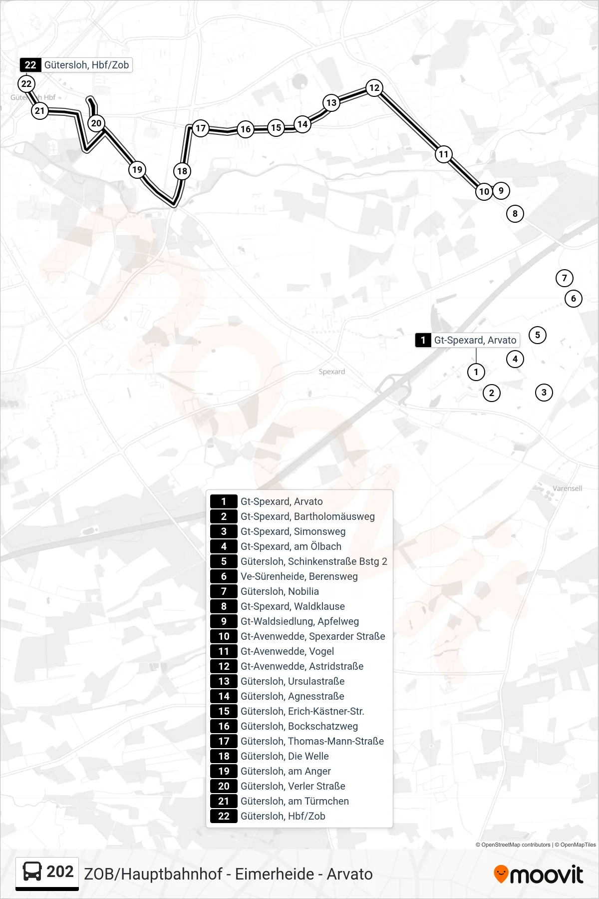 Linie 202 (Bus) Richtung Gütersloh, Zob: Route und Haltestellen auf der Karte