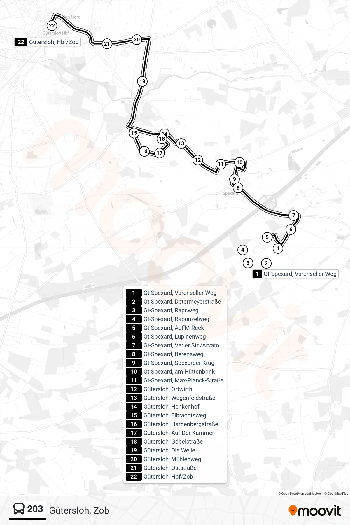 Linie 203 (Bus) Richtung Gütersloh, Zob: Route und Haltestellen auf der Karte