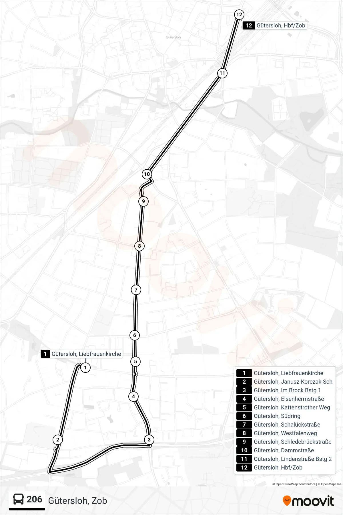 Linie 206 (Bus) Richtung Gütersloh, Zob: Route und Haltestellen auf der Karte