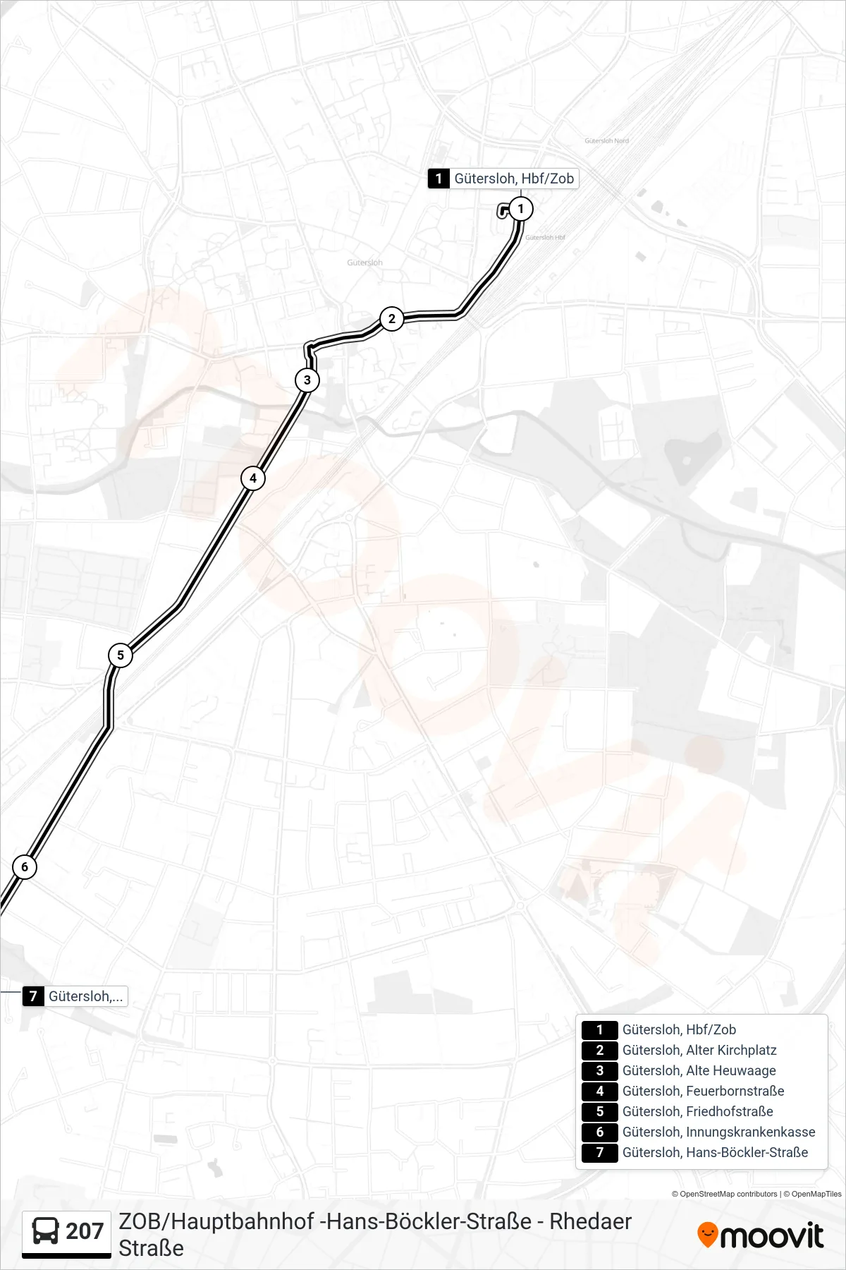 Linie 207 (Bus) Richtung Gütersloh, Hans-Böckler-Straße: Route und Haltestellen auf der Karte