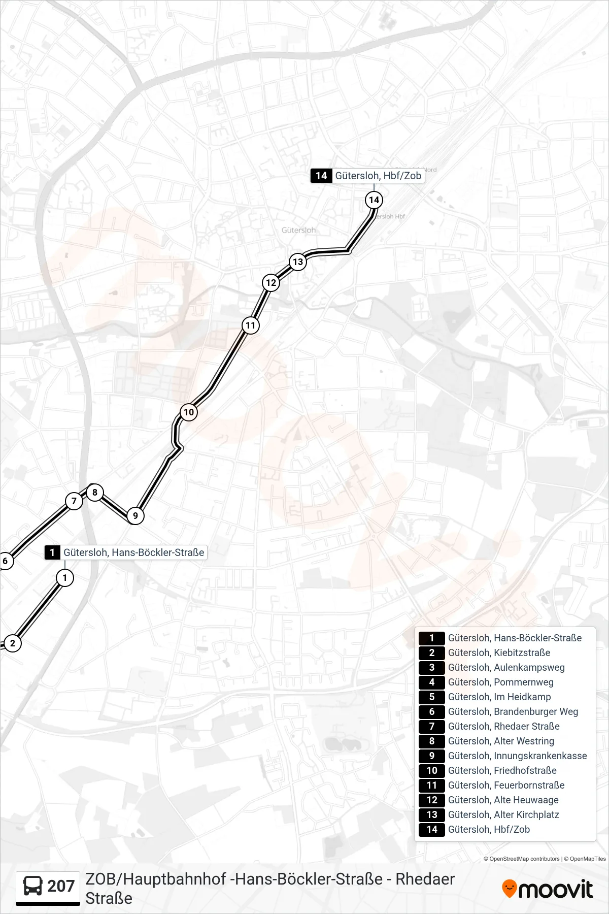 Linie 207 (Bus) Richtung Gütersloh, Zob: Route und Haltestellen auf der Karte