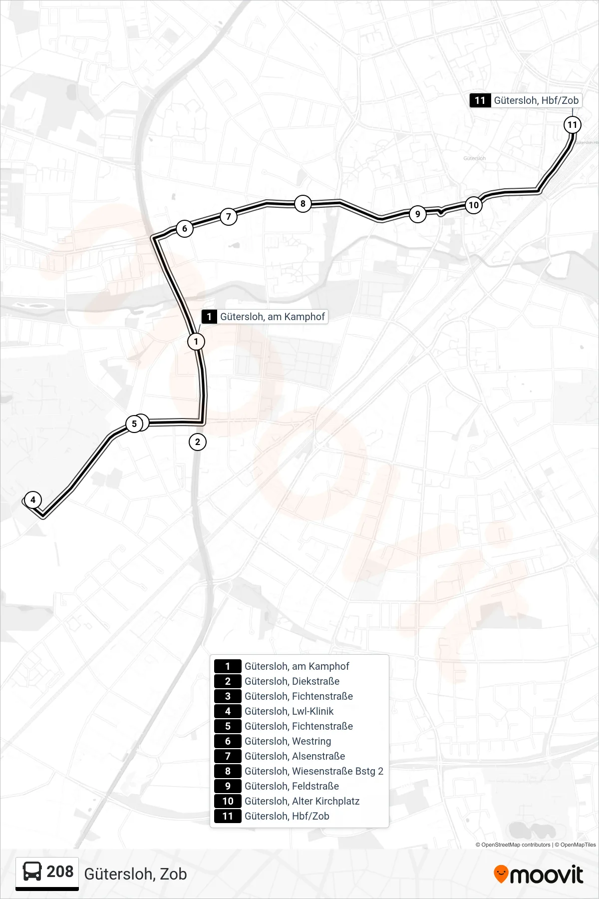 208 bus Line (Gütersloh, Zob) route and stops on a map