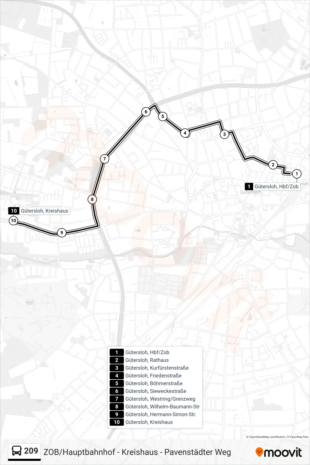 Linie 209 (Bus) Richtung Gütersloh, Kreishaus: Route und Haltestellen auf der Karte