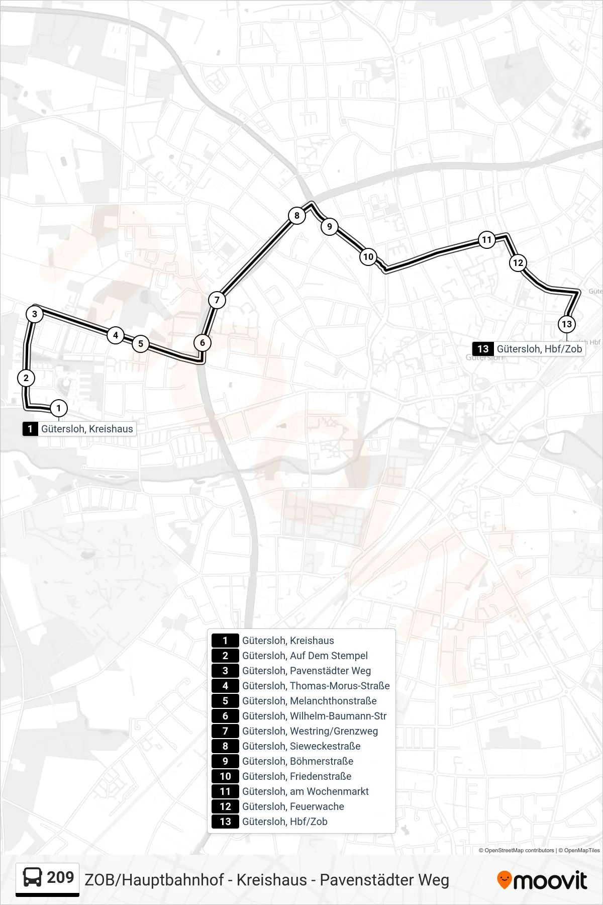 209 bus Line (Gütersloh, Zob) route and stops on a map