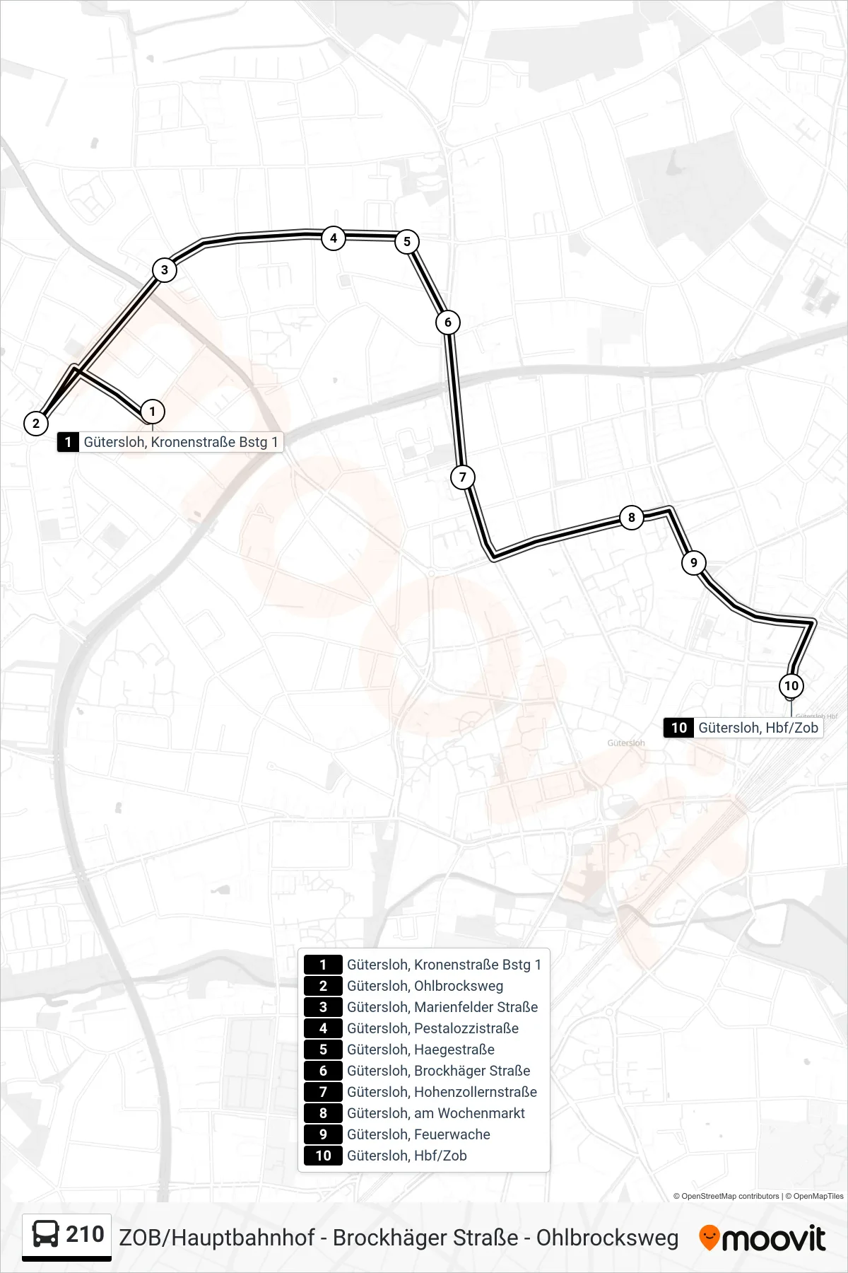 Linie 210 (Bus) Richtung Gütersloh, Zob: Route und Haltestellen auf der Karte