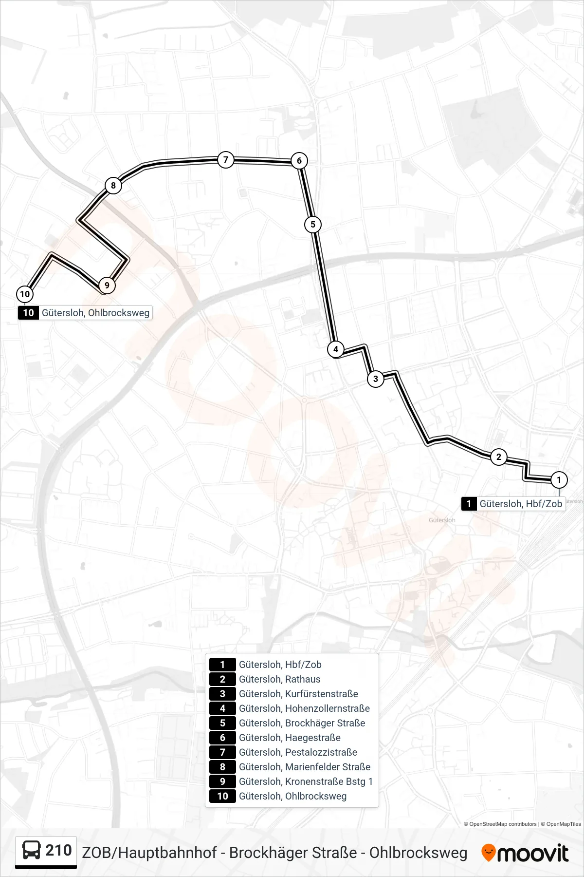 Linie 210 (Bus) Richtung Gütersloh, Ohlbrocksweg: Route und Haltestellen auf der Karte