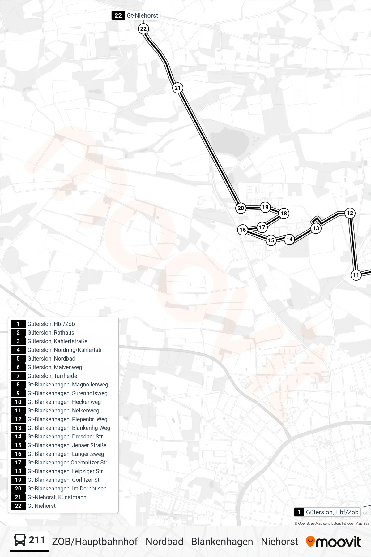 211 bus Line (Gt-Niehorst) route and stops on a map